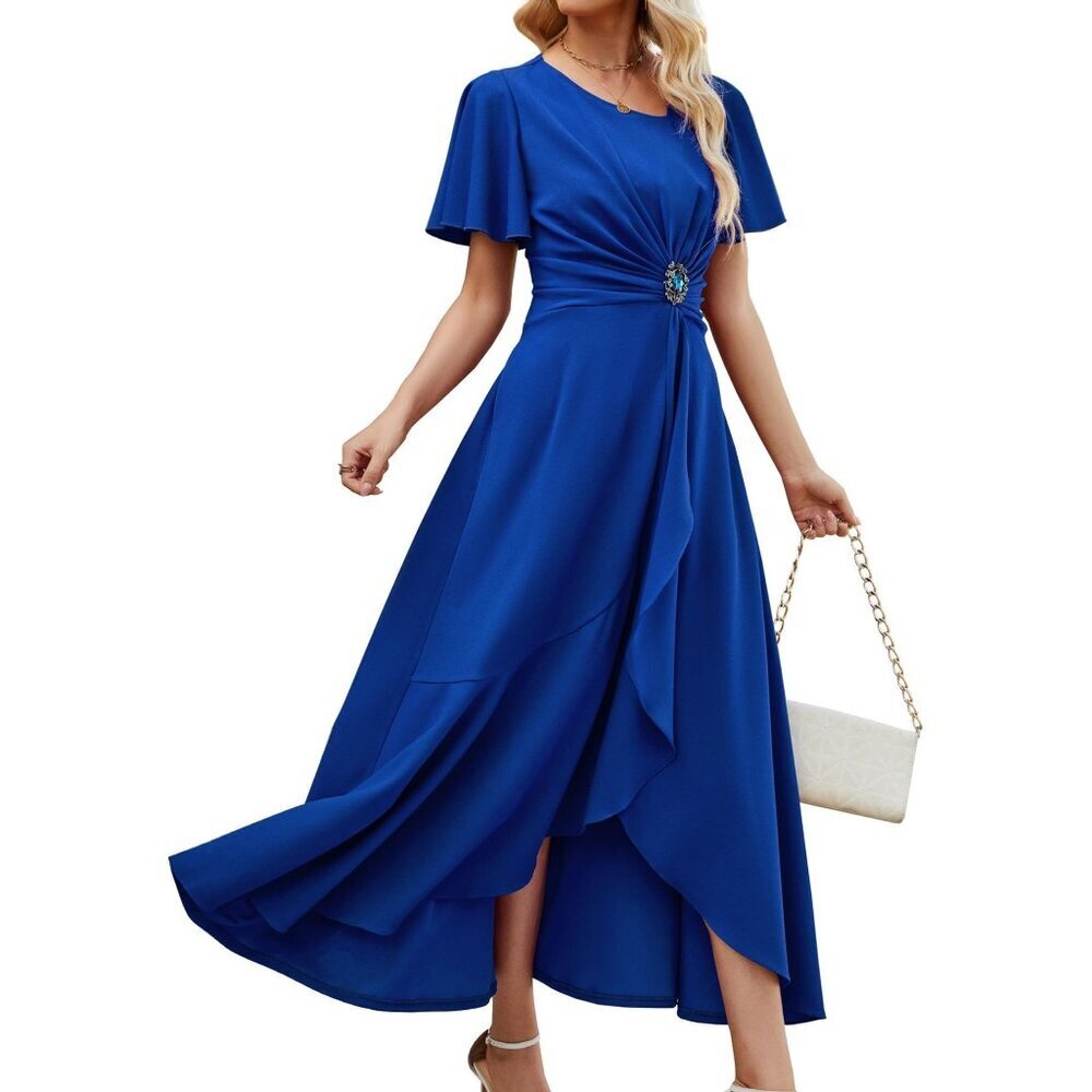 QMZ Wedding Guest Dress Have Pockets Cocktail Ruffle Sleeve Royal Blue-LARGE